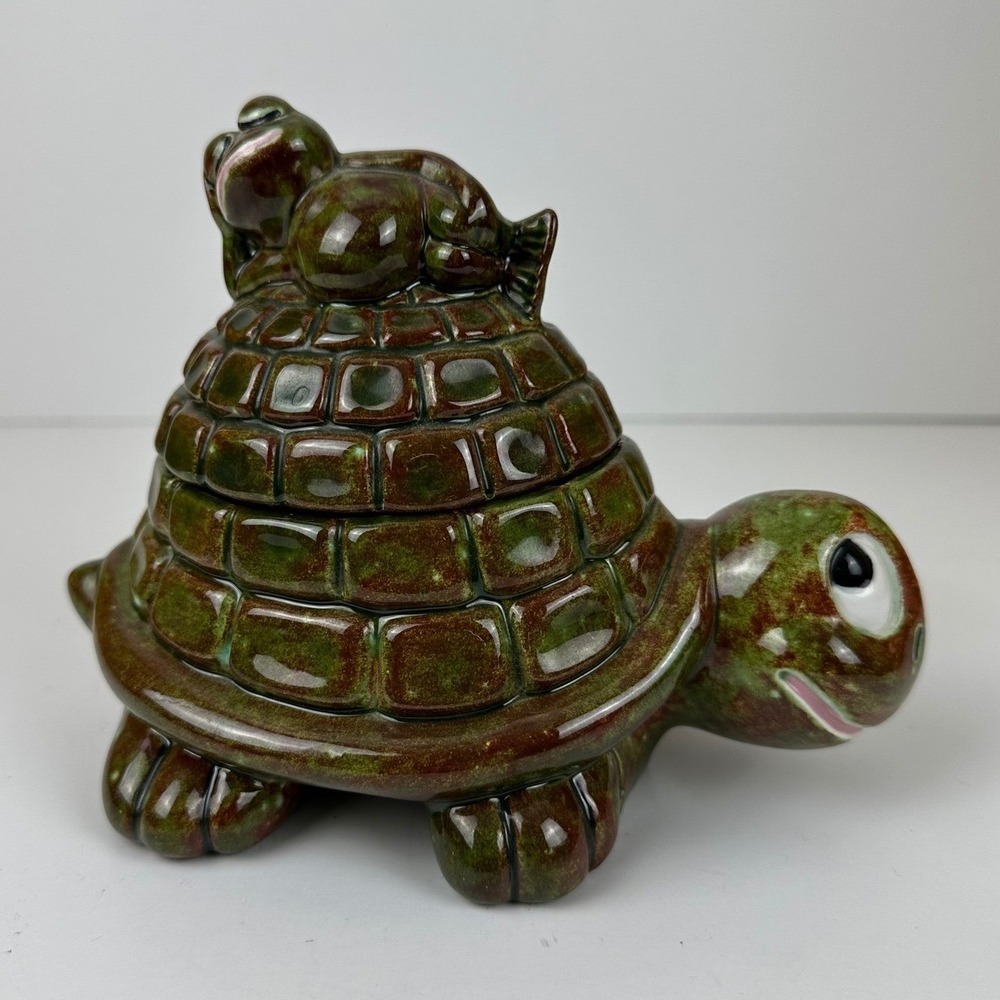 Vintage 1992 Ceramic Turtle Frog Trinket Box Green Brown Glaze Studio Pottery